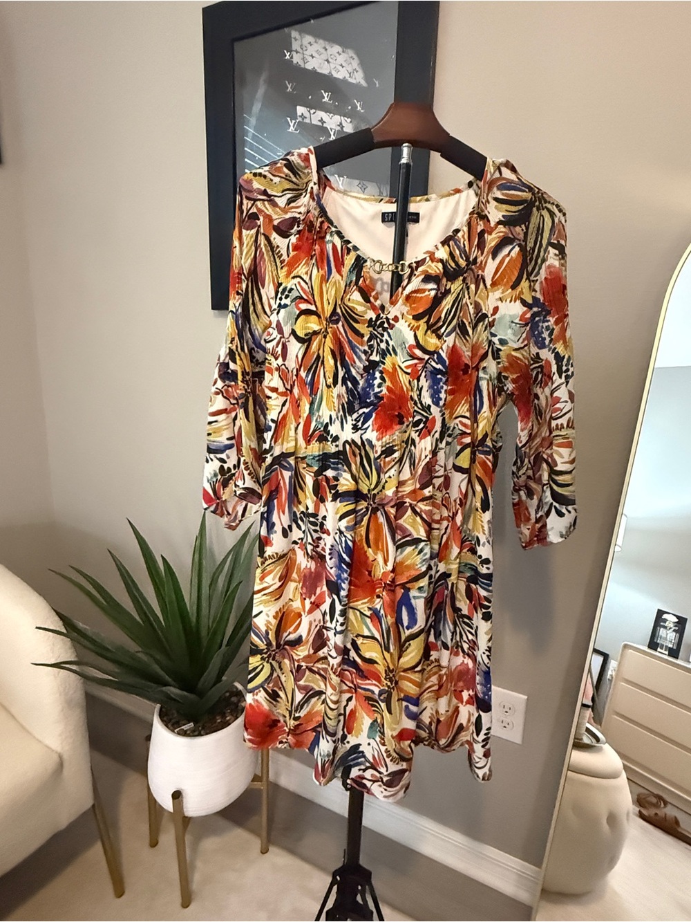 Spense Cream Floral Watercolor Mini Dress with Multicolor Print
